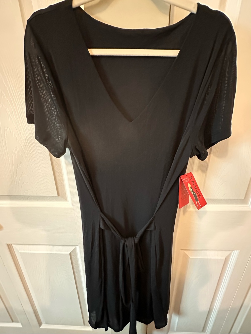 Women’s Spanx Belted Midi Mesh Dress Black V-Neckline & Short Sleeves Sz:XL NWT